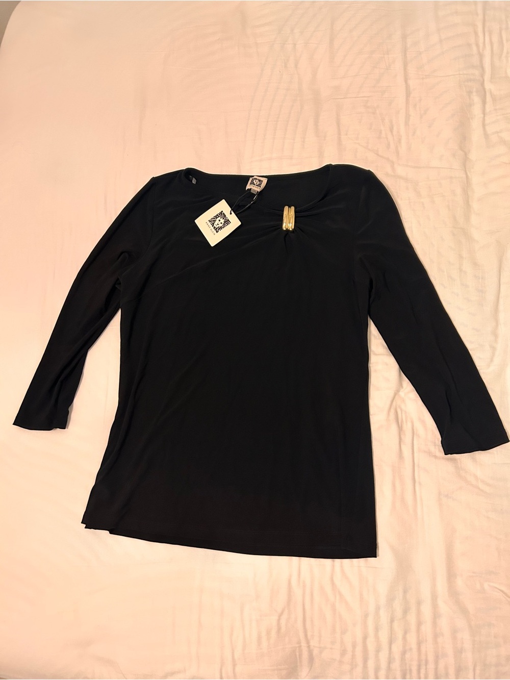 Anne Klein Black Long-Sleeve Top with Gold Hardware Detail